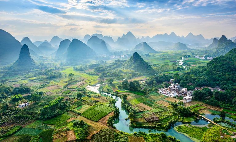 Landscape of Guilin, Li River and Karst mountains near Yangshuo County, Guangxi Province, China