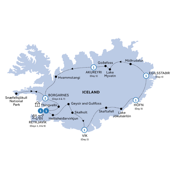 Map of Natural Wonders of Iceland Tour