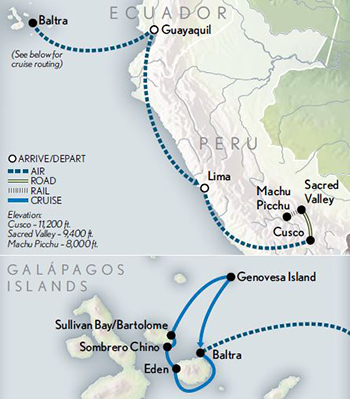 Map of Wonders of Galápagos & Machu Picchu Tour