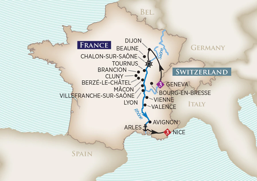 Map of Essence of Burgundy & Provence river cruise