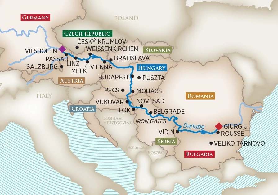 Map of Grand Danube river cruise